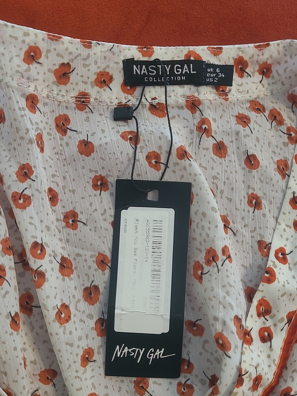 Nasty Gal Cream And Orange Floral Print Maxi Boho Dress With Velvet Piping NWT - Picture 2 of 10